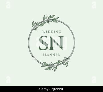 SN Initials letter Wedding monogram logos collection, hand drawn modern minimalistic and floral templates for Invitation cards, Save the Date, elegant Stock Vector