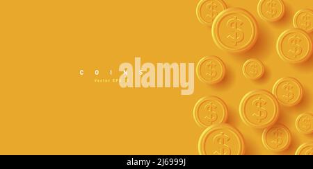 Yellow background with golden dollar coins falling, 3d cartoon modern style. Vector illustration Stock Vector
