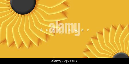 Yellow background with big stylized sunflower 3d illustration. Vector illustration Stock Vector