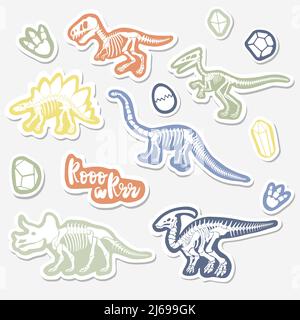 Vector sticker set with dinosaur skeleton isolated on a white background. Stock Vector