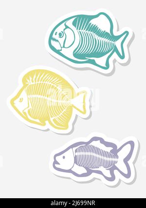 Vector sticker set with fish skeleton isolated on a white background. Stock Vector