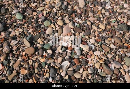 Approach to a large group of stones and pieces of shell scattered on the beach of different shapes, colors and textures Stock Photo
