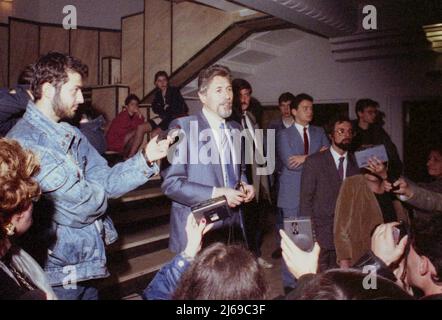 Romanian politician, later president, Emil Constantinescu, in 1992. On the left, journalist Dan Andronic. On the right, with a beard and glasses, then journalist Cătălin Harnagea, later director of the Foreign Intelligence Service. Stock Photo