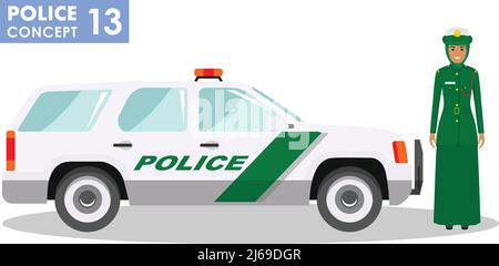 Detailed illustration of police car and arabic woman police officer in flat style on white background. Stock Vector