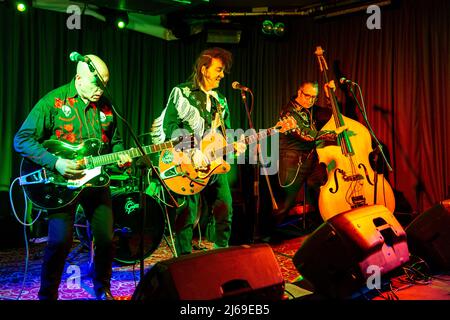 Belfast, UK. 28th Apr, 2022. 28th April 2022. As part of the Cathedral Quarter Arts Festival Rockabilly band Sabre Jets played at the Deer's Head Bar Belfast.  Brian Young =Lead Guitarist/Vocals Bill Johnston  = Double Base. Liam Killen = Rhythm Guitar. Lou Steele = Drums                    Credit: Bonzo/Alamy Live News Stock Photo