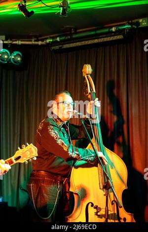 Belfast, UK. 28th Apr, 2022. 28th April 2022. As part of the Cathedral Quarter Arts Festival Rockabilly band Sabre Jets played at the Deer's Head Bar Belfast.  Brian Young =Lead Guitarist/Vocals Bill Johnston  = Double Base. Liam Killen = Rhythm Guitar. Lou Steele = Drums                    Credit: Bonzo/Alamy Live News Stock Photo