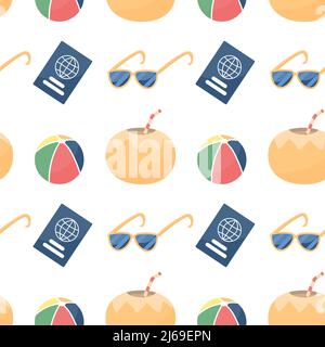 Seamless pattern with colorful beach elements: sunglasses, balls, coconut and passport. Vector summer vacation repeatable design Stock Vector