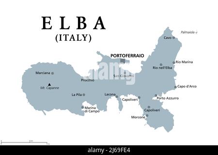 Elba, gray political map. Mediterranean island in Tuscany, Italy, with capital Portoferraio, in Tyrrhenian Sea, largest island in Tuscan archipelago. Stock Photo