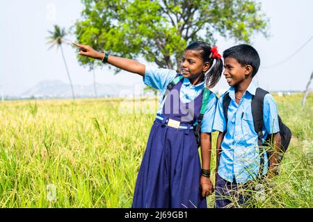 teenage sibling kids with school dress going to school at paddy farmland by looking around nature - concept of education, poverty, village lifestyles Stock Photo