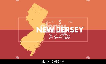 3 of 50 states of the United States with a name, nickname, and date admitted to the Union, Detailed Vector New Jersey Map for printing posters, postca Stock Vector