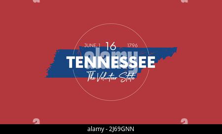 16 of 50 states of the United States with a name, nickname, and date admitted to the Union, Detailed Vector Tennessee Map for printing posters, postca Stock Vector