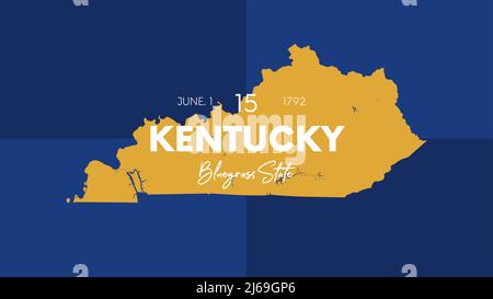 15 of 50 states of the United States with a name, nickname, and date admitted to the Union, Detailed Vector Kentucky Map for printing posters, postcar Stock Vector