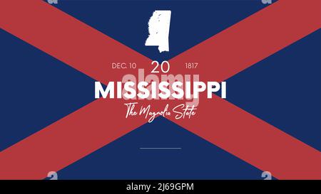 20 of 50 states of the United States with a name, nickname, and date admitted to the Union, Detailed Vector Mississippi Map for printing posters, post Stock Vector