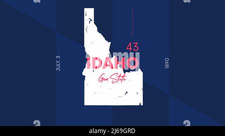 43 of 50 states of the United States with a name, nickname, and date admitted to the Union, Detailed Vector Idaho Map for printing posters, postcards Stock Vector