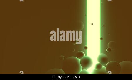 Bright green ray illuminating geometric shapes, futuristic space background with levitating balls, vector graphics Stock Vector
