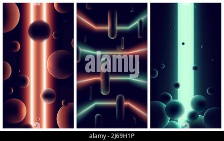 Abstract futuristic backgrounds with neon lights and lines in dark space, gradients orange and green spectrum vibrant colors, Retro vector illustratio Stock Vector