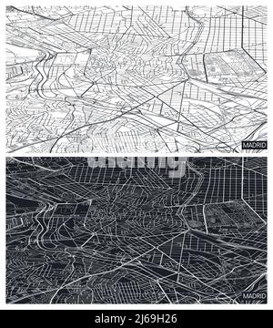 Aerial top view city map Madrid, black and white detailed plan, urban grid in perspective, vector illustration Stock Vector