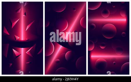 Atmospheric vector backgrounds with red lights and reflections on geometric shapes, cyberpunk space with neon lights, abstract space, futuristic illus Stock Vector