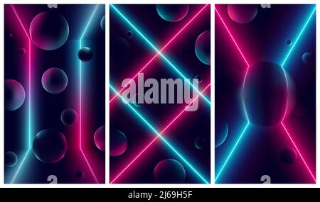 Bright glowing pink and blue neon lines, futuristic cyberbank backgrounds with illuminations on geometric figures, vector retro illustrations in the s Stock Vector