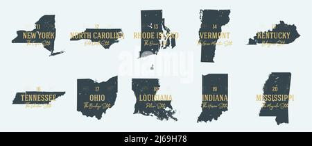 Set 2 of 5 Highly detailed vector silhouettes of USA state maps with names and territory nicknames Stock Vector