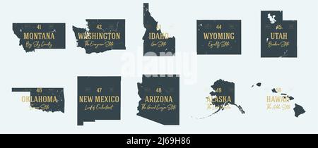 Set 5 of 5 Highly detailed vector silhouettes of USA state maps with names and territory nicknames Stock Vector