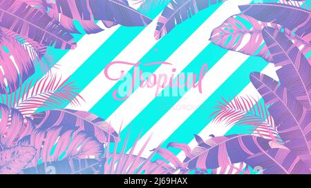 Tropical and palm leaves in bright pink shades on striped background, Concept pop art, Vector poster for your design Stock Vector