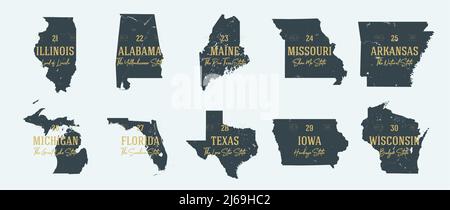 Set 3 of 5 Highly detailed vector silhouettes of USA state maps with names and territory nicknames Stock Vector