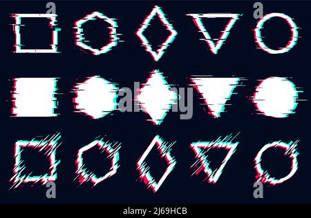 Glitched square, hexagon, rhombus, triangle and circle frames, Vector glitch set digital noise defect Stock Vector