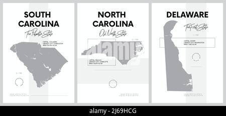 Vector posters with highly detailed silhouettes of maps of the states of America, Division South Atlantic - South Carolina, North Carolina, Delaware - Stock Vector