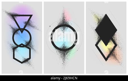 Geometric shapes dissolve into dust on a gradient background, splitting particles spray effect, set of vector illustrations 16-9 Stock Vector