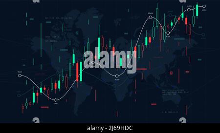 Financial market analytics graph on a world map background, scale of pieces and stock markets, traders dashboard, vector illustration Stock Vector