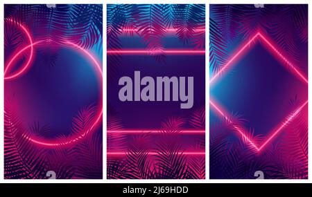 Bright red glow from geometric shapes, neon cyberpunk background with tropical leaves, Vector poster for your design Stock Vector
