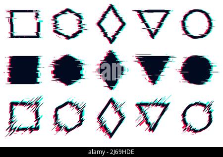 Glitched tv distorted signal frames, Vector glitch set digital noise defect isolated objects on a white background Stock Vector