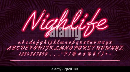 Neon light alphabet font, Red glowing hand drawn uppercase and lowercase letters, vector typeface typography design, brick wall background with tropic Stock Vector