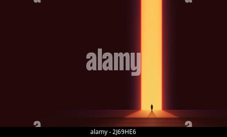 Man silhouette in front of glowing portal, futuristic vector background, Abstract cyberpunk architecture with gradient lighting Stock Vector