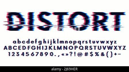 Futuristic digital distortion stylized alphabet, glitch font with lowercase and uppercase letter, numbers and symbols, 3d stereo effect, vector illust Stock Vector