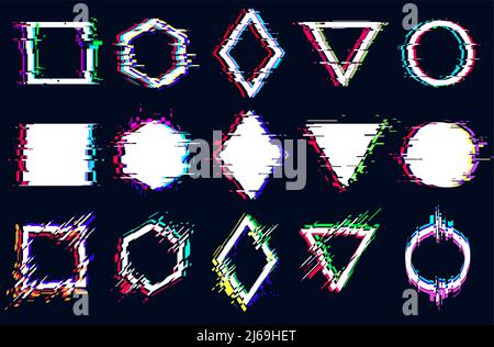 Vector abstract geometric shapes with glitch effect, digital defect, frame distortion, square, hexagon, rhombus, triangle, circle with vhs noise Stock Vector