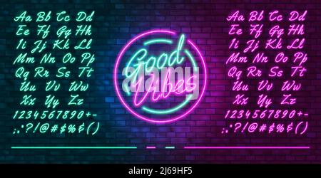 Neon futuristic font, luminous blue and pink uppercase and lowercase letters, colorful bright neon hand drawn typeface, glowing sign Good vibes, vecto Stock Vector