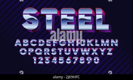 Retro futuristic latin font, shiny chrome letters and numbers, stylish retro synth wave alphabet metallic effect in 80s style vector font Stock Vector