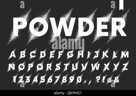 Vector set of latin alphabet, explosion of powder or paint in a diagonal direction, destruction of particles, detailed font isolated letters and numbe Stock Vector