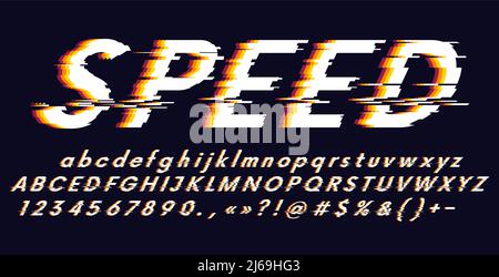 Vector Alphabet letters and numbers stylized fonts, speed effect faster motion, distorted glitch screen effect Stock Vector