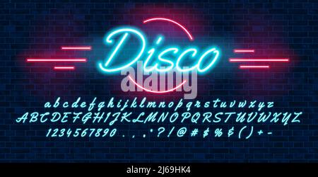 Neon light blue font hand drawin, english alphabet uppercase and lowercase letters and numbers, on brick background, vector illustration Stock Vector