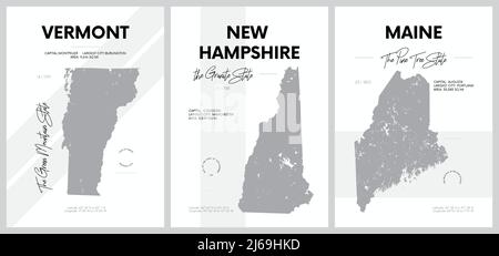 Vector posters with highly detailed silhouettes of maps of the states of America, Division New England - Vermont, New Hampshire, Maine - set 1 of 17 Stock Vector