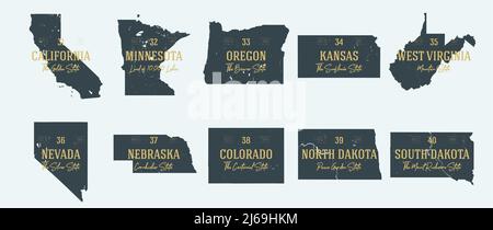 Set 4 of 5 Highly detailed vector silhouettes of USA state maps with names and territory nicknames Stock Vector