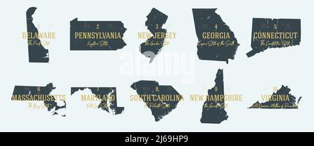 Set 1 of 5 Highly detailed vector silhouettes of USA state maps with names and territory nicknames Stock Vector