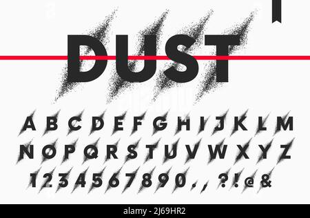 Vector set of latin alphabet, letters and numbers with the effect of destruction, detailed decorative typeface vector font Stock Vector