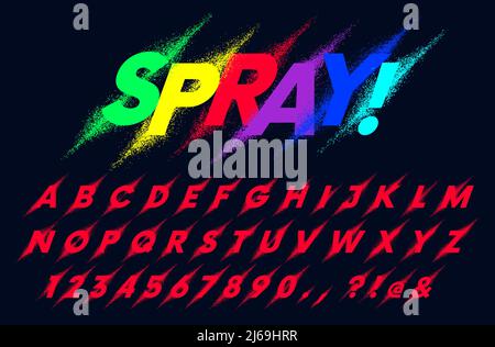Vector set of latin alphabet, spray paint particles dots and ink splashes, detailed splat spot font vector font Stock Vector