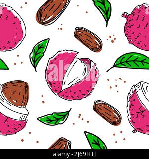 Seamless drawing of an exotic litchi fruit, leaves and seeds, hand-drawn in sketch style. Lychee. Fruit and leaves. Fruit. Vector simple illustration Stock Vector