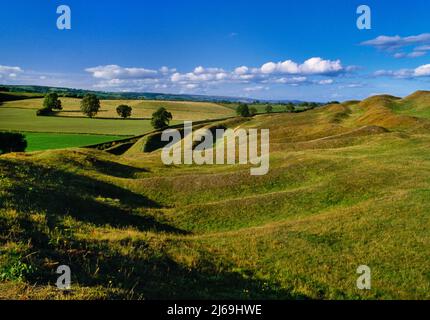 View N of Old Oswestry Iron Age hillfort, Shropshire, England, UK showing the sunken entrance passage at the SW cutting through the five ramparts. Stock Photo