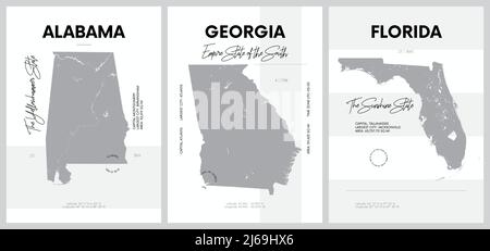 Vector posters with highly detailed silhouettes of maps of the states of America, Division South Atlantic and East South Central - Alabama, Georgia, F Stock Vector